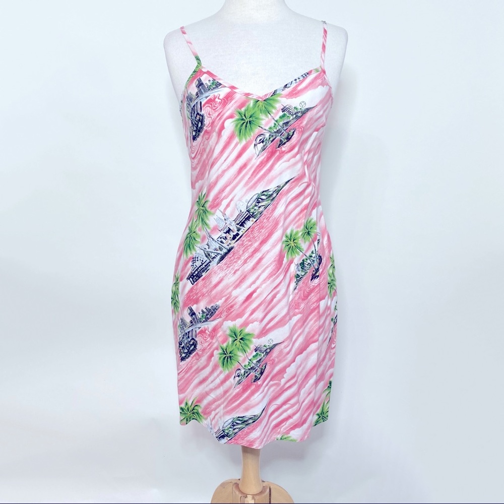 Y2K pink & green tropical print shift dress S/M - Picture 1 of 10
